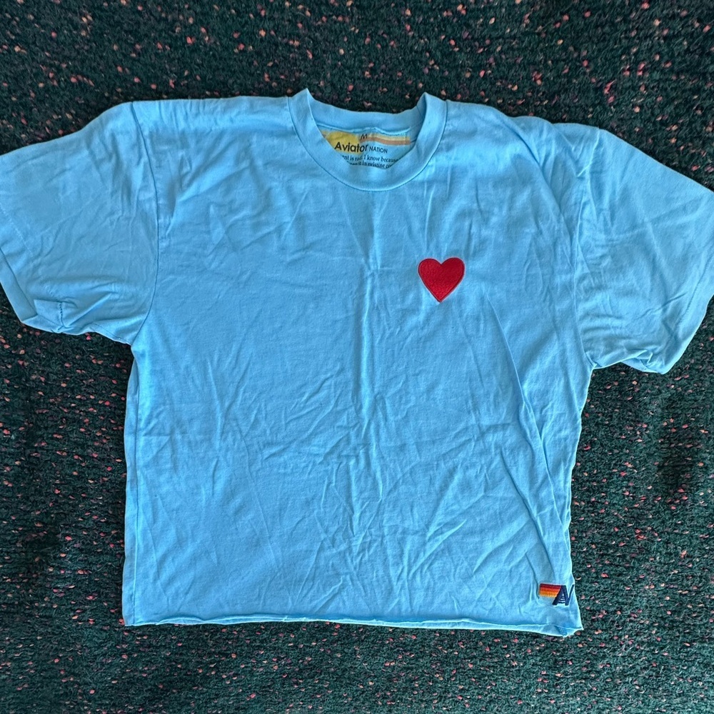 RARE Aviator Nation Heart Tee Blue Rainbow Stripe Boyfriend Tee NWOT M - Picture 15 of 16